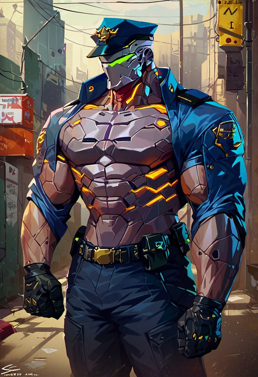 score_9, score_8_up, score_7_up,high defined,best hands,male focus,sp_mecha,topless,mecha,muscular,police suit,in cyberpunk street