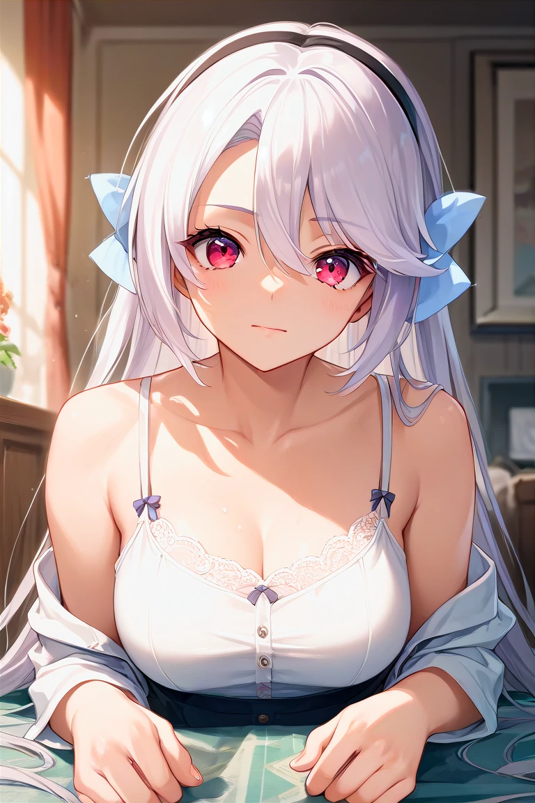 highest quality、Tabletop、1 girl、Underwear only、Pink Lingerie、Close-up、blush、Kamimei、When I look at this、Cute anime illustrations、Silver-haired blue eyes、 girl、Small breasts、Twin tails