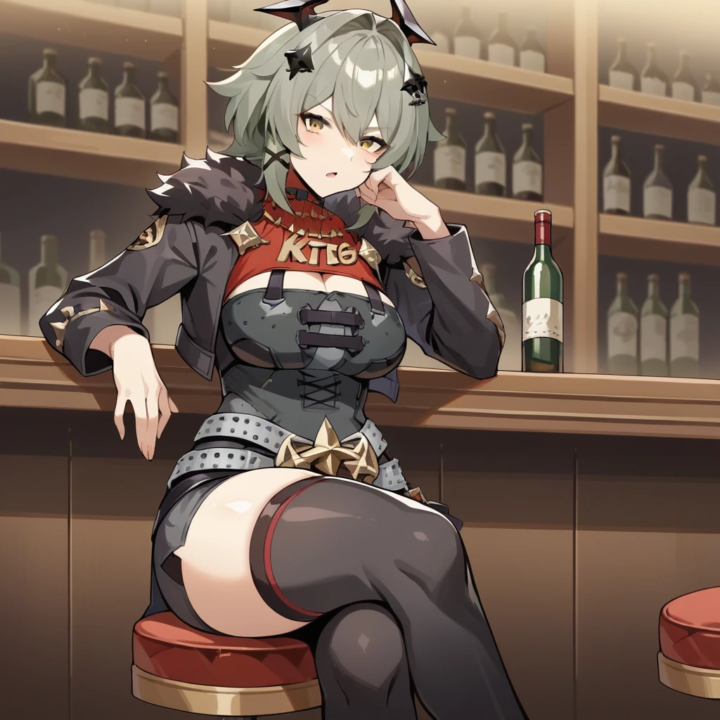 score_9_up, score_8_up, score_7_up, source_anime, masterpiece, best quality, 1girl, solo, Caesar_ZZZ, ceiling light, dimmed light, bar counter, wine shelf, sitting on stool, crossed legs, holding wine glass, looking at you, arm rest on counter, bored, open mouth, green hair, grey hair, medium hair, yellow eyes, hair intakes, bodycon dress, black dress, cropped jacket, black thighhighs, black jacket, hair ornament, horns, corset, cleavage cutout, hair clip, belt, star (symbol), fur trim, fur-trimmed jacket, red shirt, turtlneck, red collar, gold necklace, bike shorts, miniskirt, side slit, mature body, dynamic cowboy shot, indoors, night bar background