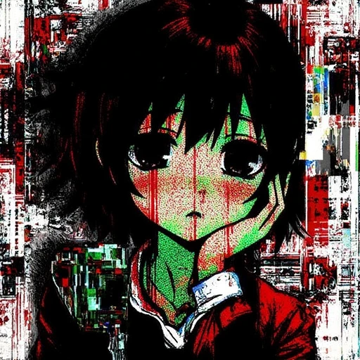 An anime character with a contemplative expression, rendered in stark black, red, and green hues. The image is fragmented with glitch blocks and pixelated areas, giving it a sense of digital corruption and otherworldly distortion, while the character's eyes seem to peer into the void