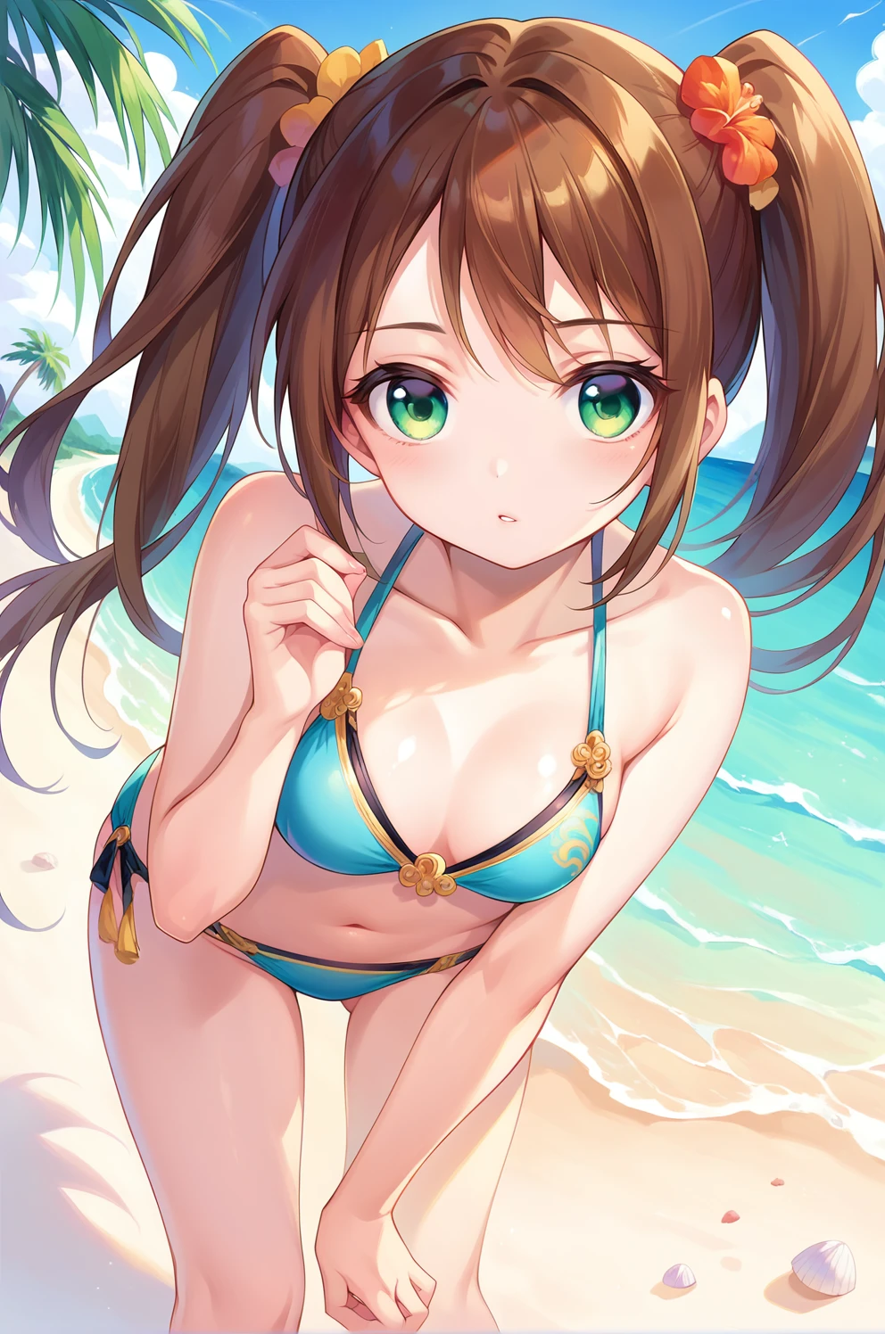 score_9, score_8_up, score_7_up,sunshaangxiang,1girl, brown hair, green eyes,twintails, pastel blue bikini,beach, ocean, palm tree,contrapposto,leaning forward, (from above:0.8),looking at viewer,parted hair <lora:SunShangXiangPony:1>