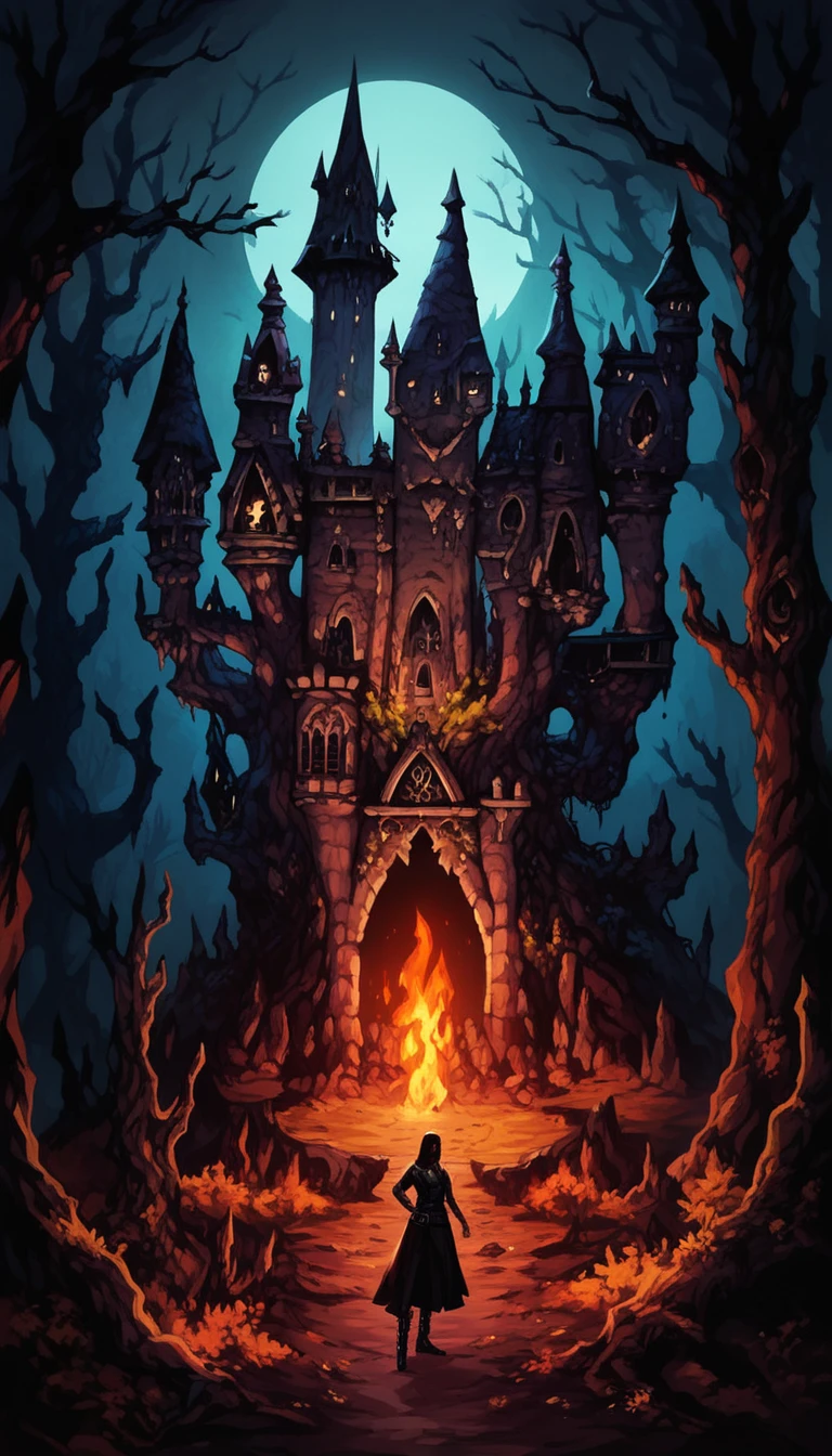 score_9, score_8_up, score_7_up, detailed background, realistic lighting, NSFW, background: in the woods, dark castle, castle, magical forest,  dark woods, night, 1 girl, leather clothes, long hair,  detailed eyes,slim and fit, adult female, dynamic pose,  camp fire, 
 <lora:Darkest_Dungeon_2_Style (1):0.8> , dd2