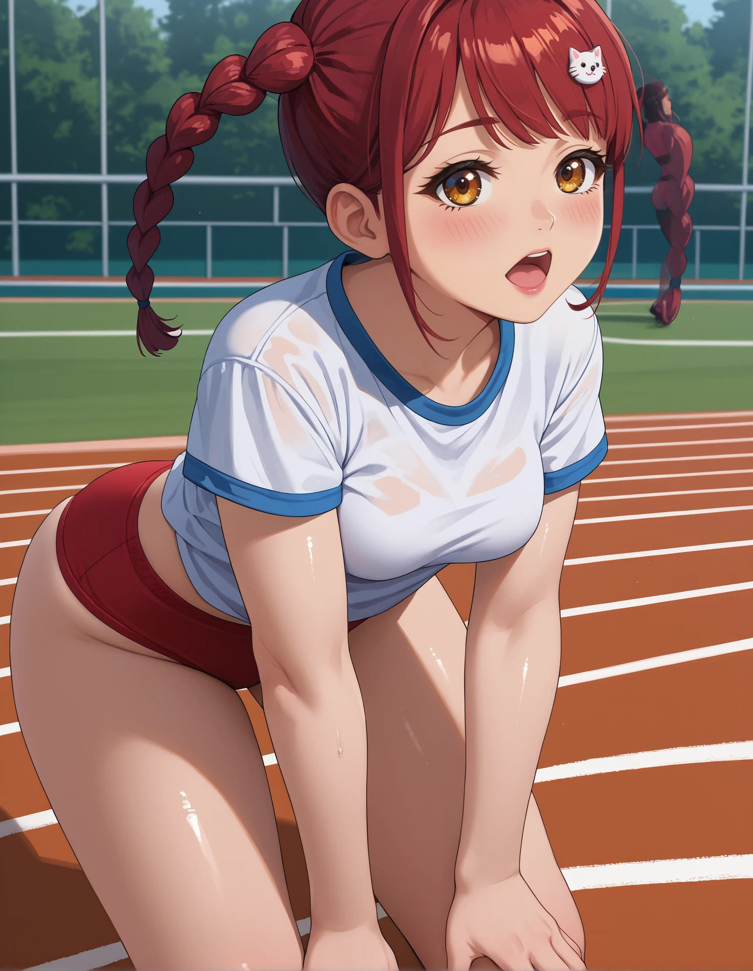 score_9, score_8_up, score_7_up,score_6_up  source_anime, 1girl,medium breasts,wide hips,thick thighs,skindentation,white t-shirt, red buruma, sports track,shiny skin,bent over,hand on own knees,open mouth,tongue,blush,heavy breathing, 
mamdef, red hair,twin braids,cat hair ornament, short hair,brown eyes
 <lora:tokonome_mamori-valkyrie drive-PonyXL:1>