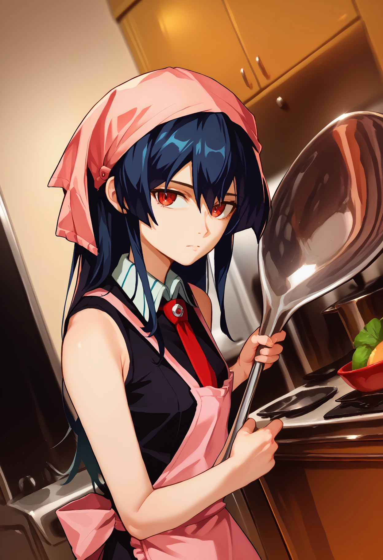 score_9, score_8_up, score_7_up, solo, 1girl, agkakame, expressionless, looking at you, ComicallyLargeSpoon, head scarf, black shirt, collared shirt, sleeveless shirt, red necktie, pink apron, indoors, kitchen
<segment:yolo-face_yolov8m.pt,0.4,0.5>