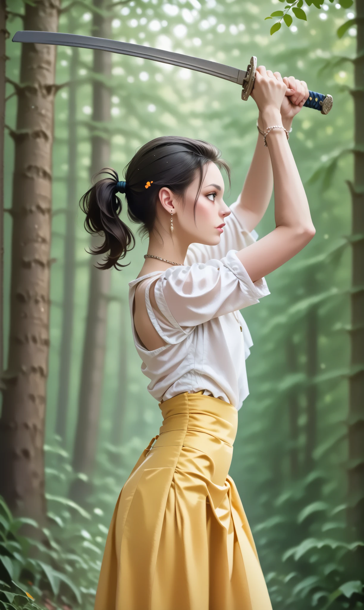 score_9, score_8_up, score_7_up, ovhatt, onehnd, side view, (slim 25yo girl) is overhead attacking with a sword in a crowded forest, yellow skirt and white blouse, black (holdup stockings), necklace,  short brunette ponytail
 <lora:OverheadAttackPony:1>