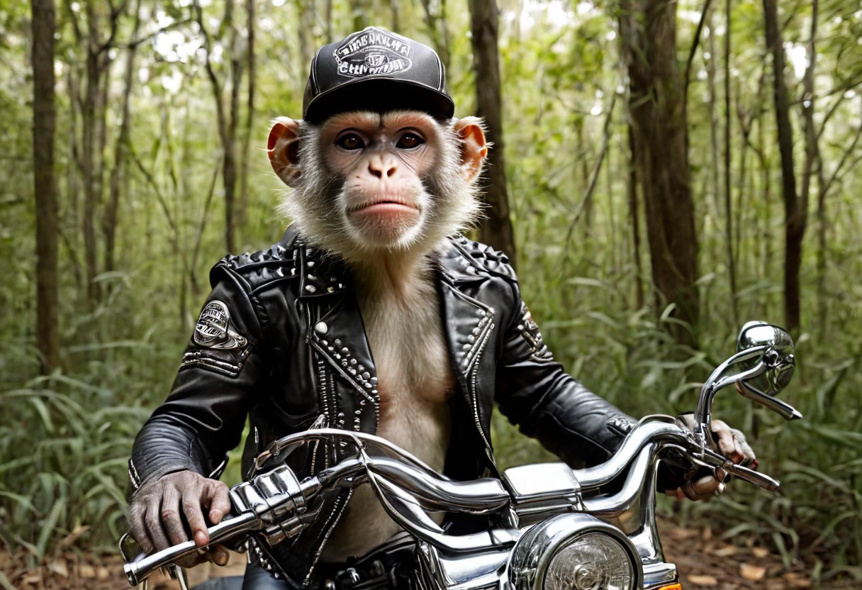 "Vervet monkey", "ultra realistic with high quality and ultra detail with excellent focus of Vervet monkey, represented as rocker, rocker leather jacket and rocker leather hat on head, riding Harley-Davidson motorcycle, jungle, savanna, forest, ((cigarette in mouth))