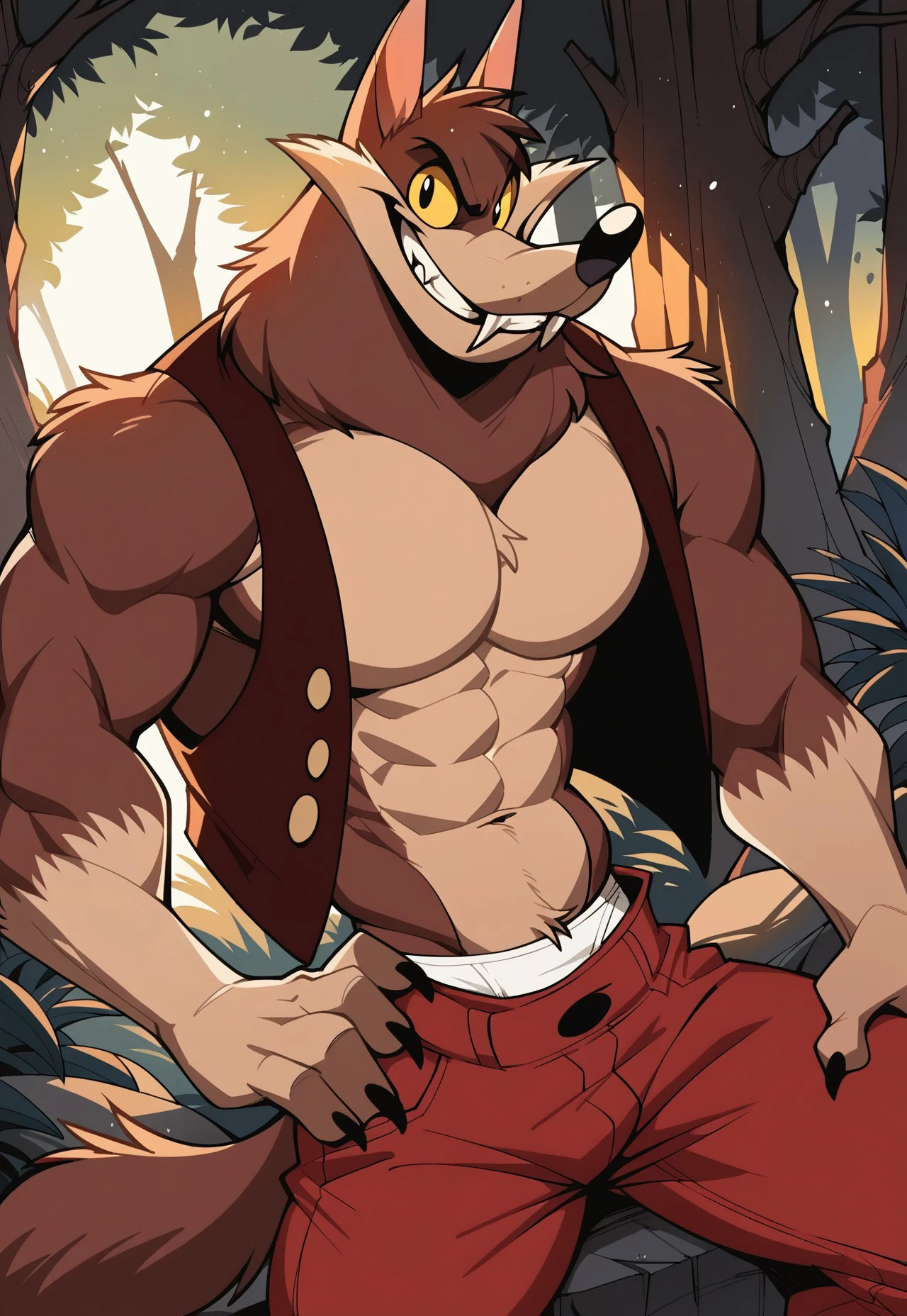 safe_pos, score_9, score_8_up, score_7_up, score_6_up, score_5_up, score_4_up, source_furry, hi res, forest, dim lighting, close up, HankHowell, wolf, anthro, Open Crimson Vest, Red Pants, White Underwear, muscular, grin, looking at viewer, yellow sclera, black eyes