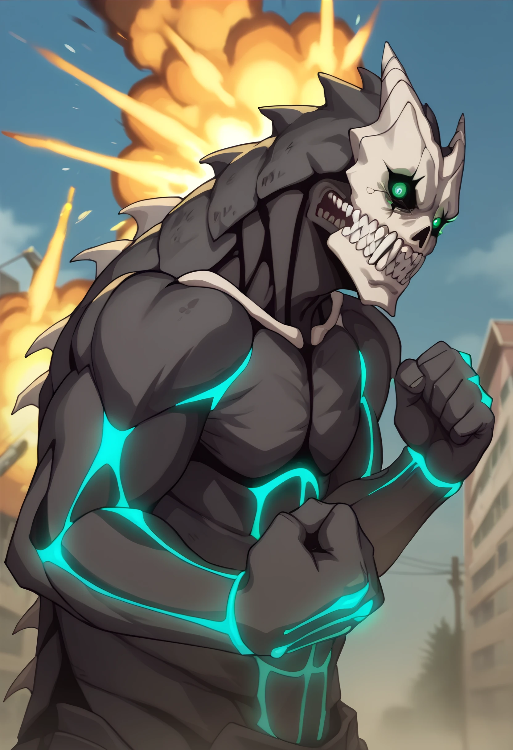 score_9, score_8_up, score_7_up, 1boy, solo, looking at viewer, upper body, 
 <lora:KaijuNo8_Dwnsty:0.9>, kaijuu no8, black skin, skull mask, glowing eyes, sharp teeth, black sclera, kaijuu,
angry, clenched hands, incoming attack, 
outdoors, blue sky, street, dust, explosion,