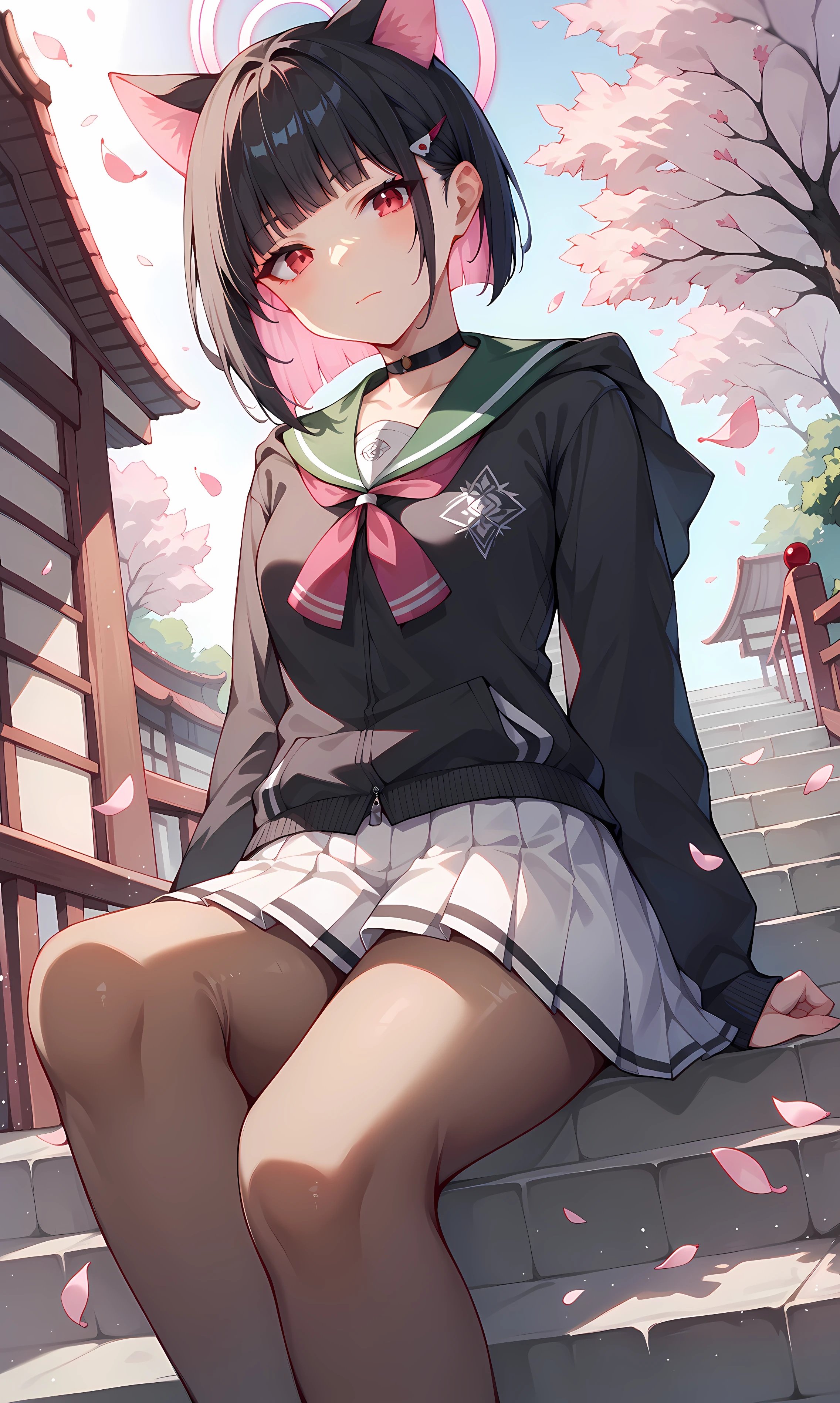 score_9, score_8_up, score_7_up, score_6_up, BREAK source_anime, 1girl, solo, outdoors, street, cherry blossoms, cowboy shot, sitting, on stairs, looking at viewer, kazusa, red eyes, black hair, colored-inner hair, short hair, blunt bangs, hair clip, cat ears, choker, halo, black hoodie, long sleeves, green sailor collar, pink neckerchief, white skirt, pleated skirt, miniskirt, brown pantyhose, from below, closed mouth