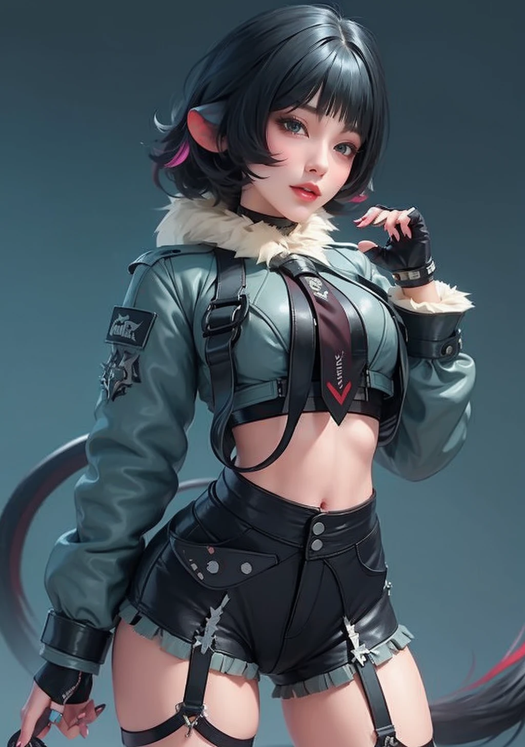 <lora:Jane_Doe:1> 1girl, solo, black hair, breasts, tail, animal ears, short hair, multicolored hair, black shorts, black gloves, fur trim, fingerless gloves, torn clothes, jacket, shorts, tie