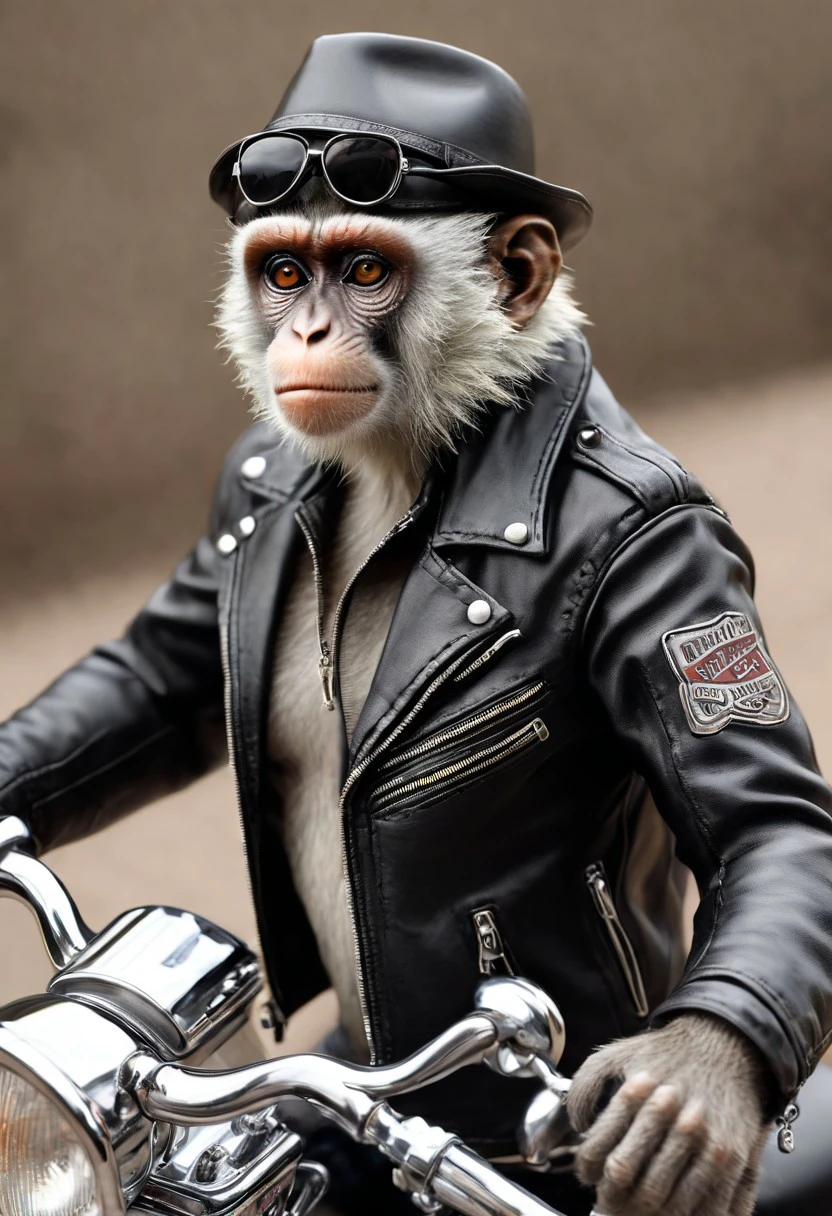 "Vervet monkey", "ultra realistic high quality and ultra detail with excellent focus of a Vervet monkey, represented as a rocker leather jacket and rocker leather hat on the head riding a Harley-Davidson motorcycle