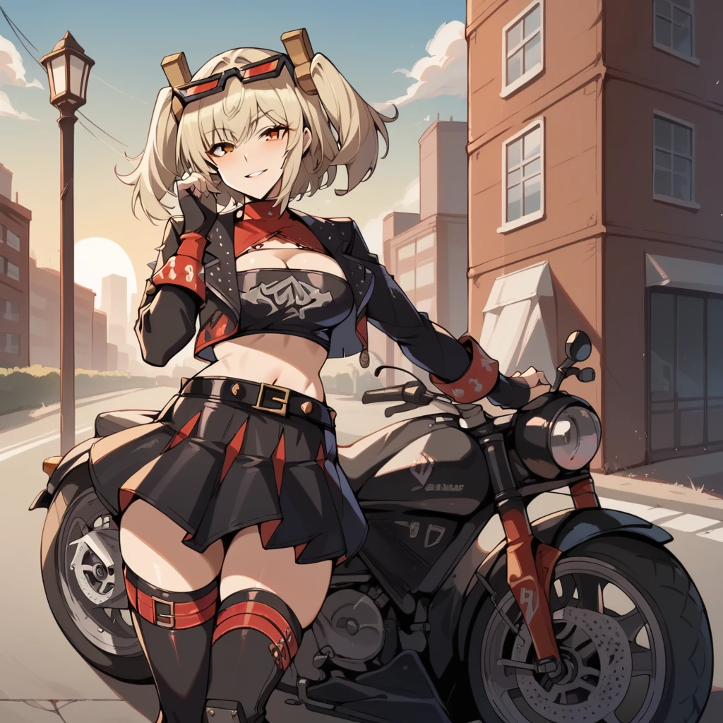 score_9_up, score_8_up, score_7_up, source_anime, masterpiece, best quality, 1girl, solo, Burnice_ZZZ, sun light, clouds, blue sky, cityscape, street lamp, traffic, leaning against motorcycle, hand in hair, smug seductive smile, parted lips, looking at you, bend knee,blonde hair, two side up, orange eyes, eyewear on head, sunglasses, goggles, short twintails, hair ornament, crop top, tube top, black jacket, black thighhighs, cropped jacket, red shirt, cleavage cutout, long sleeves, belt, black skirt, red wrist cuffs, red thigh strap, fingerless gloves, miniskirt, midriff, turtleneck, mature body, dynamic cowboy shot, outdoors, cityscape background