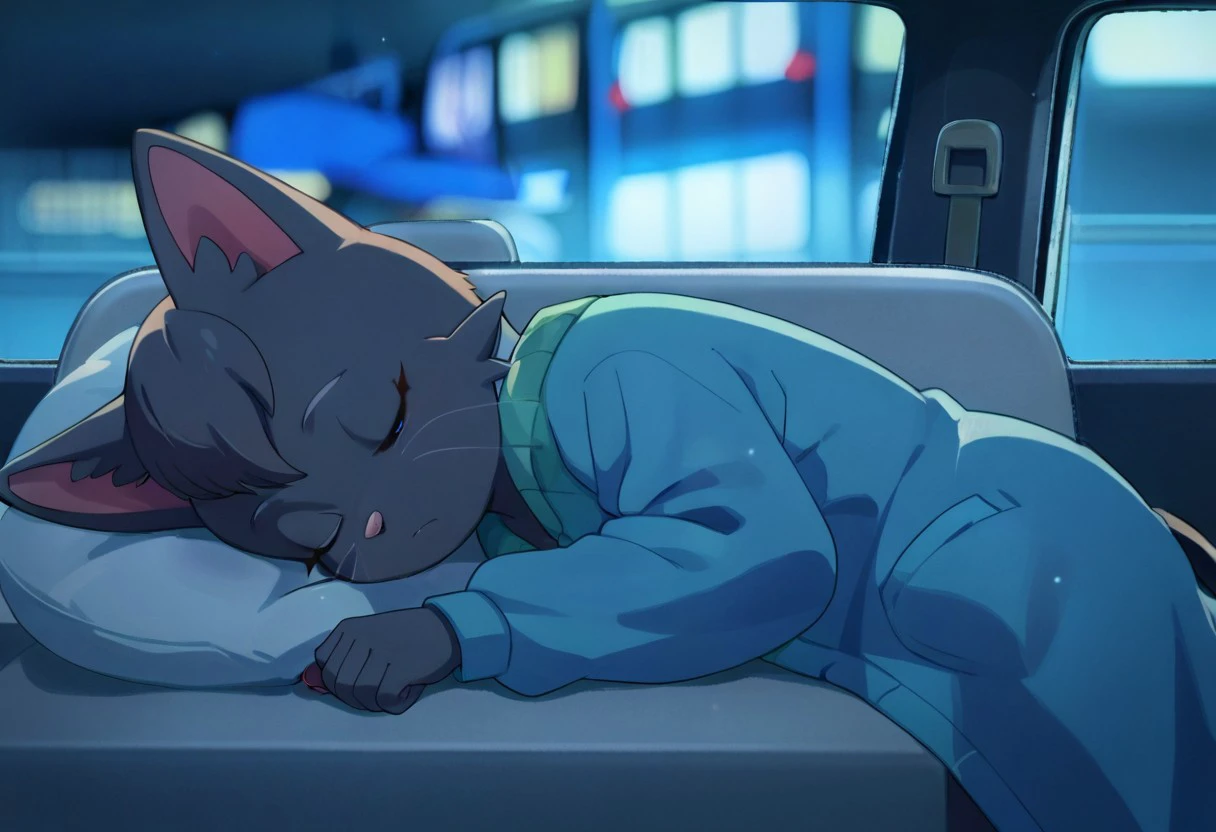 score_9, score_8_up, score_7_up, source_furry, anthro female, cat, mitsuyayuki, 1girl, solo, sleeping, night, blurry background, ground vehicle, motor vehicle, animal nose, whiskers, car interior, reverse trap, tomboy, lying, on side