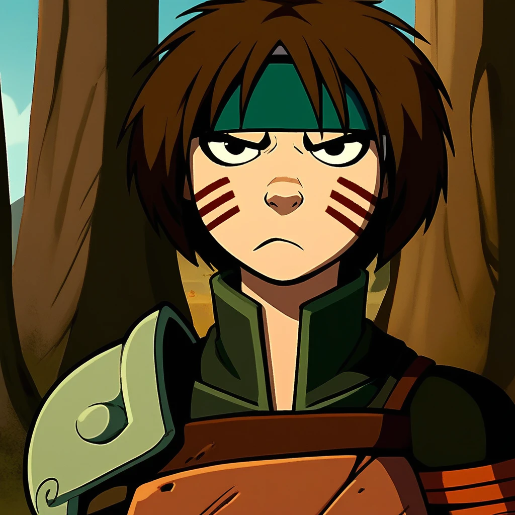 score_9, solo, smellerbee, brown hair, headband, armor, facial marks, frown, outdoors, looking at viewer