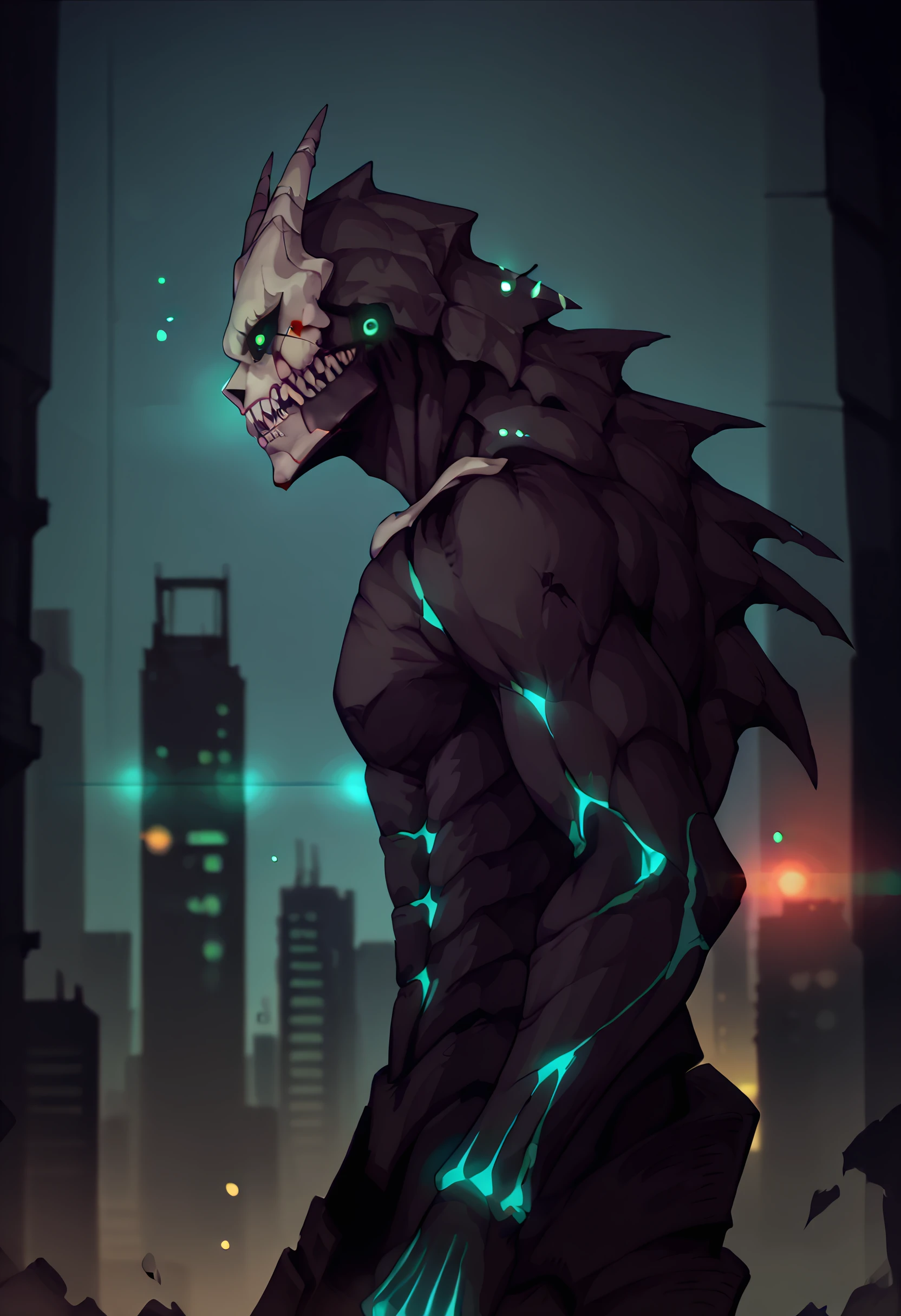 score_9, score_8_up, score_7_up, 1boy, solo, cowboy shot, from side, profile, 
 <lora:KaijuNo8_Dwnsty:0.8>, kaijuu no8, black skin, skull mask, glowing eyes, sharp teeth, black sclera, kaijuu, 
abstract background, light particles, city, skyscraper, web, blood,