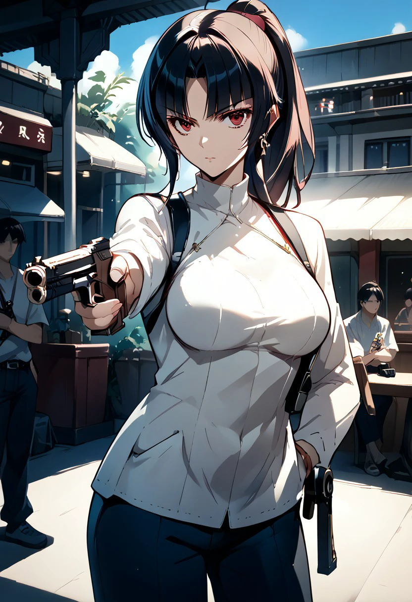 score_9, score_8_up, score_7_up, source_anime, 1girl, TURKISH KILLER POSE, LOOKING AT GUN, HOLDING HANDGUN, HAND IN POCKET, WANG LIU MEI