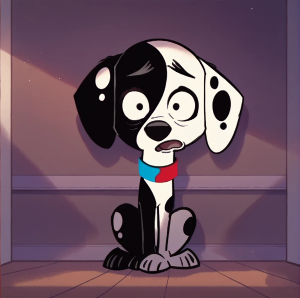 score_9, score_8_up, score_7_up, score_6_up, score_5_up, score_4_up, <lora:deepak101dalmatianstreet2:1>, deepakdog, dog, black and white fur, dog ears, spots, multicolored collar, solo,  open mouth, full body, standing, indoors,  detailed background,