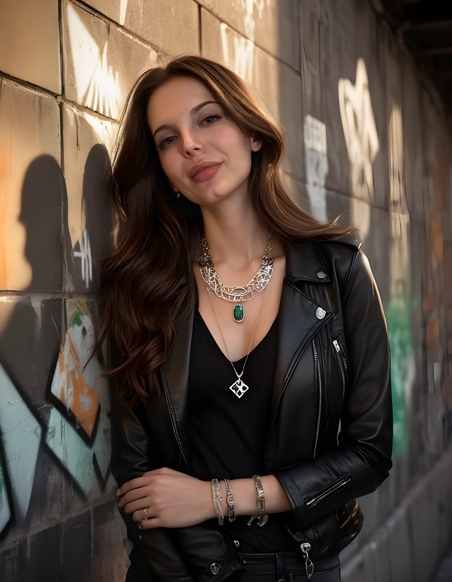 In a gritty, urban setting, S0PH13L, a captivating woman with long, wavy brown hair cascading down her shoulders, is posed against a weathered tile wall. Her expression radiates warmth and confidence as she gazes directly at the viewer, her hands delicately cradling a intricate silver necklace adorned with emeralds that glint in the soft, golden light filtering through a nearby window. The photograph is a realistic portrait, capturing every detail of her eclectic outfit: a black shirt featuring bold geometric patterns and a sleek leather jacket, paired with chunky silver jewelry that adds to her edgy yet sophisticated style. The background shows the urban grit of the cityscape, with the outline of a distant skyscraper peeking over the rooftops and graffiti tagging the wall behind her, creating a stark contrast between her refined elegance and the raw, urban environment she inhabits.