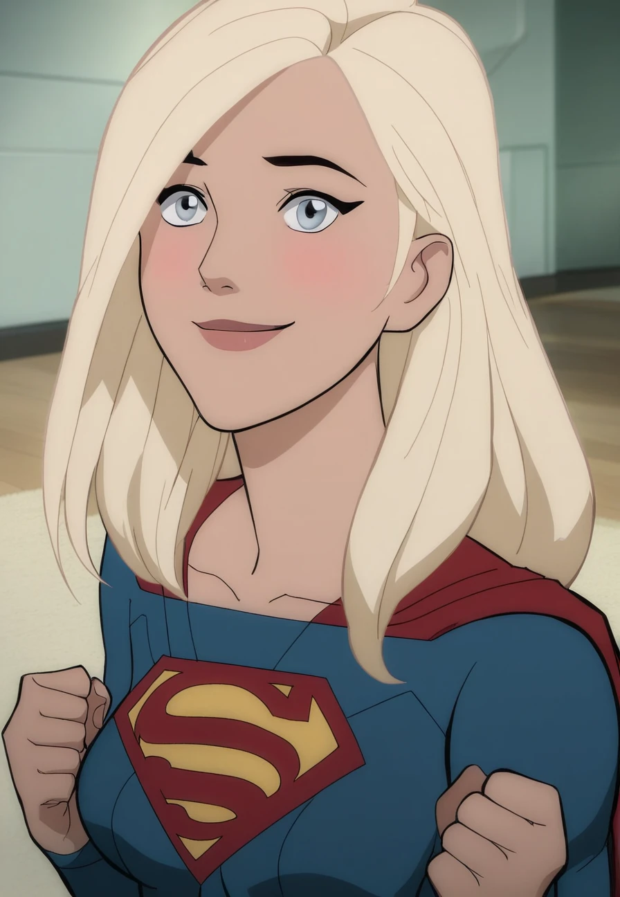 score_9, score_8_up, score_7_up, source_catoon, <lora:Supergirl_PDXL_by_paprikalem:1>,  supergirl, grey eyes, blonde hair, long hair, medium breasts, supergirl costume, standing, looking at viewer, shy, blush, smile, clenched hands, portrait, face focus, indoors, best quality, high quality