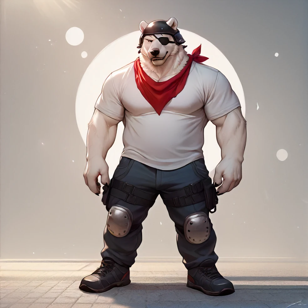 score_9, score_8_up, score_7_up,  <lora:Polar_Patroller:0.8> polar patroller, polar bear, 1boy, bara, large pectorals, helmet, eyepatch, red bandanna, full body, detailed background, shirt, standing, posing