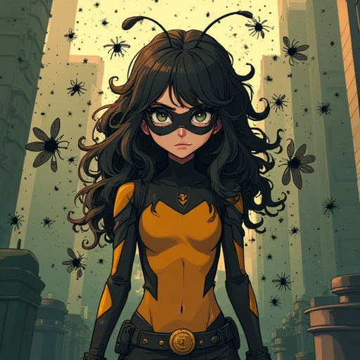 A Full body image in a anime style of Skitter wearing her bug mask, with a bug swarm in the background. She is looking at the viewer.