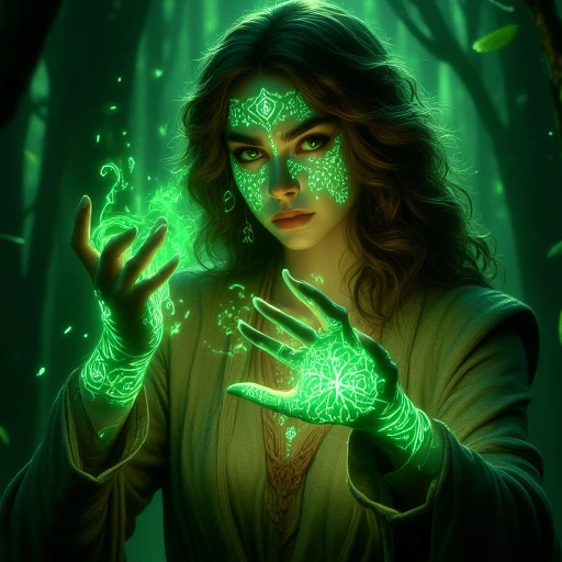 1woman, casting a spell, rune magic, rune magic on hands and face, glowing green runes,