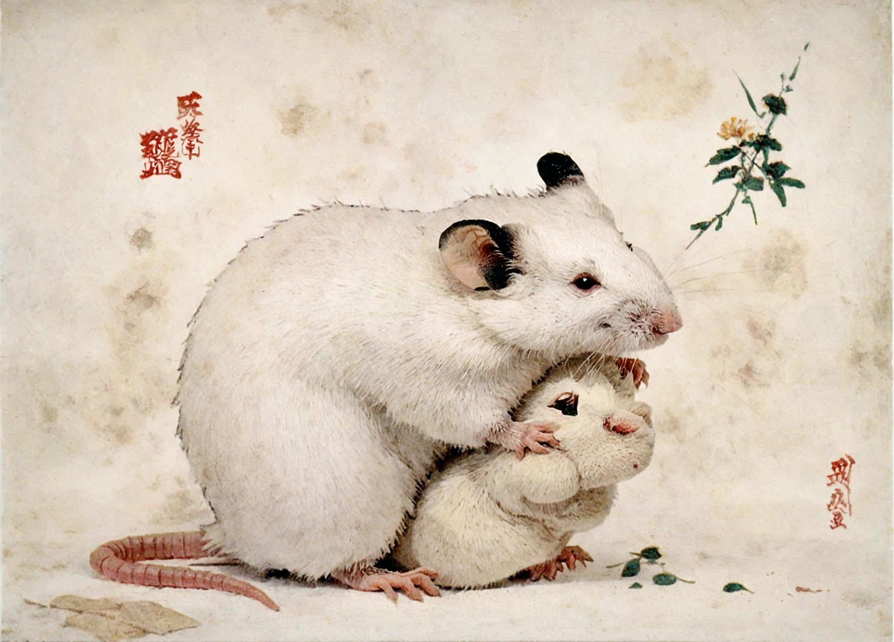 <lora:keisai-eisen_pony_v1:1> ' white mice, animal, animal focus, mouse ' by eisen keisai in, bijinga \(genre\), ukiyo-e \(style\),  genre painting \(genre\)   
animal painting \(genre\)       
 <lora:white mice:0.6>, score_9, score_6_up, score_7_up