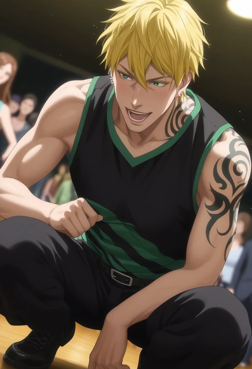 score_9, score_8_up, score_7_up, source_anime, rating_explicit, NashKB, (yellow Nash hair), green Nash eyes, black Nash arm tattoo, grey Nash ear earrings, 1boy, male focus, anime screencap, plain black tank top, belt, pants, open mouth, wide smile, heavy breathing, looking at another, dancing, squatting, hands with five fingers, blurry indoor club, solo focus, dutch angle, realistic shading,