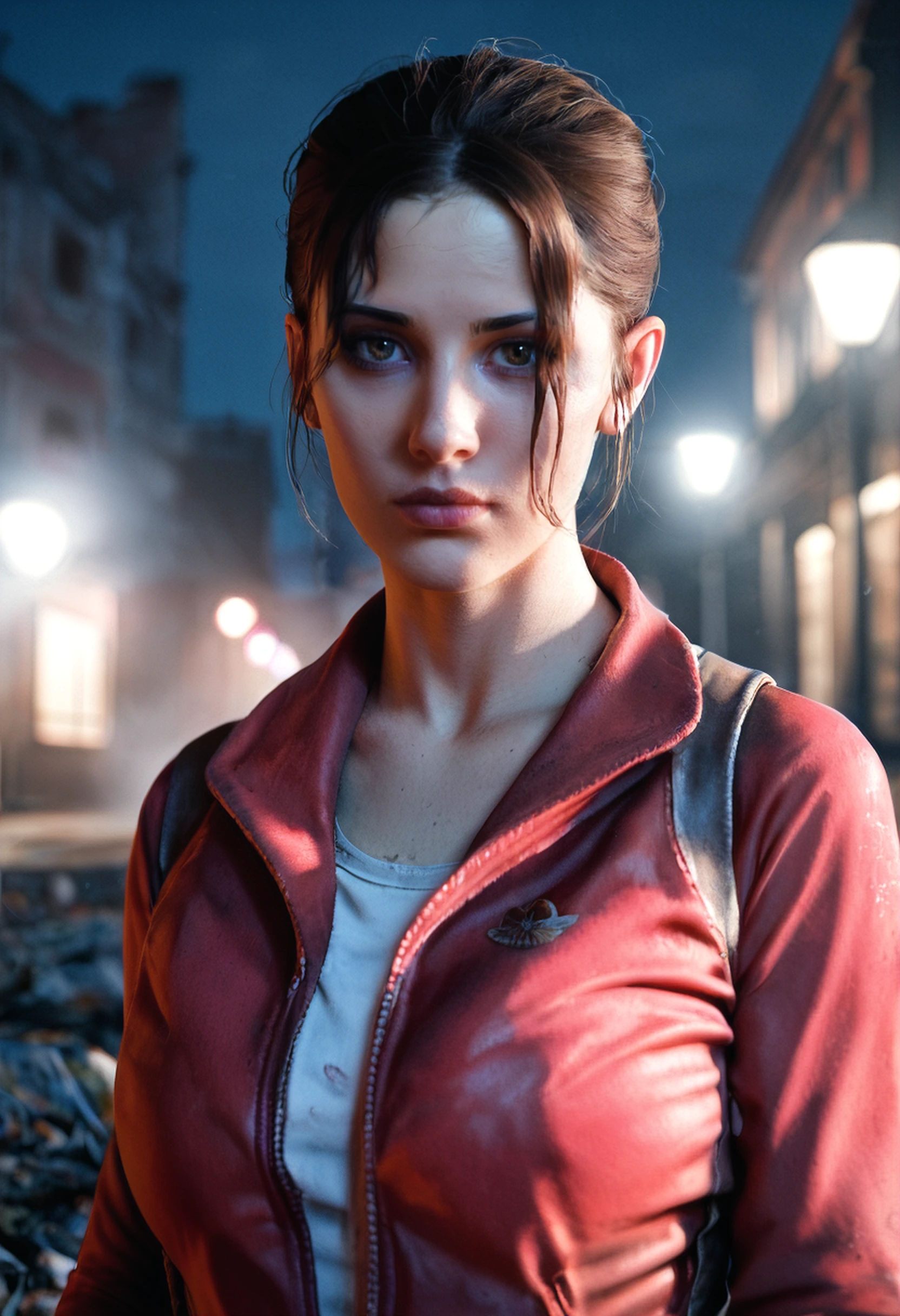 score_9, score_8_up, score_7_up, BREAK, zy_zoey, 1girl, brown hair, short hair, red jacket, portrait, realistic, photo, real hair, detailed skin, dark, night, abandoned building, weapon, debris, fog, highly detailed, detailed skin, depth of field, film grain, <lora:zy_Zoey_PonyRealism_v1:0.7>