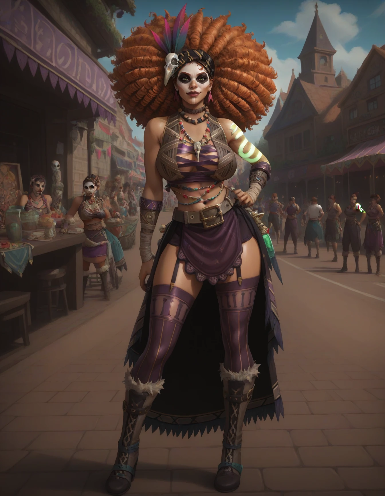 (score_9), score_8_up, score_7, score_6_up, MaBriSmi, detailed background, skull face paint, facepaint, smirk, standing, full body, 
solo, green eyes, arm tattoo, skirt, hair ornament, fur-trimmed boots, thighhighs, looking at viewer, large breasts, skull face paint, dark-skinned female, belt, feather hair ornament, garter straps, afro,
(festival, parade, outdoors, brick road, brick buildings, metal railing),
<lora:Maman Brigitte - Smite_epoch_6:0.9>,