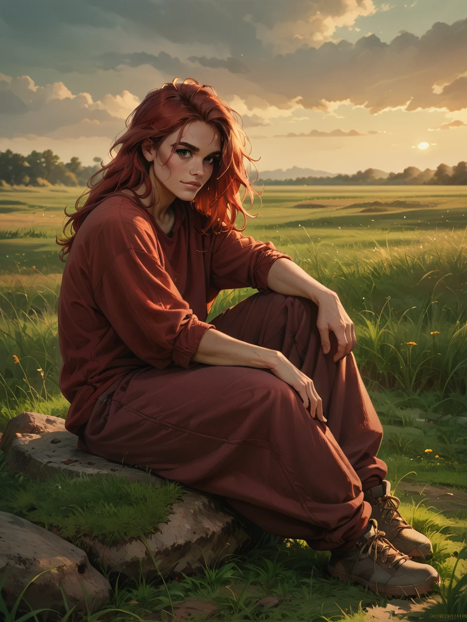 score_9, score_8_up, score_7_up, score_6_up, girl, red hair, black eyes, h4r3mp4n75, oversized pants, field, grass, sitting on rock, highly detailed, cinematic lighting, aesthetic