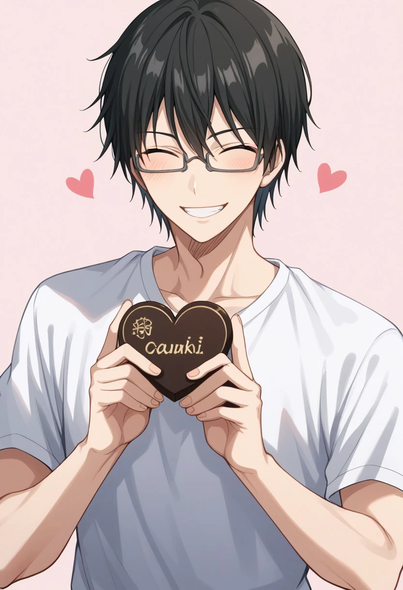 score_9, score_8_up, score_7_up, source_anime, rating_safe, holding heart chocolate, ShoichiKB, (black Shoichi hair), closed Shoichi eyes, grey Shoichi glasses, 1boy, male focus, casual clothes, confident smile, teeth, blush lines, hands with five fingers, simple light pink background, cute wallpaper, happy-cheery