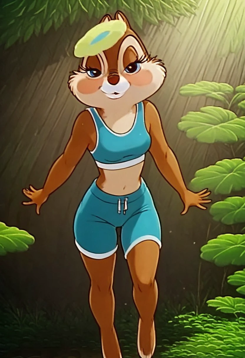 score_9, score_8_up, score_7_up, (best quality:1.1), ultra-detailed, great quality, anthro, high resolution, (((8k))), 1girl, chipmunk, chipmunk girl, day time, chipmunk ears, front view, Clarice, medium breasrs, natural light, detailed sun rays, summer, daytime, looking at viewer, BREAK., highly detailed background, (summer forest:1,4), outside, leaning the tree, seductive, detailed chipmunk legs, detailed barefoot, sports bra, short pants, highly detailed face, (very detailed face:1.4), fluffy fur