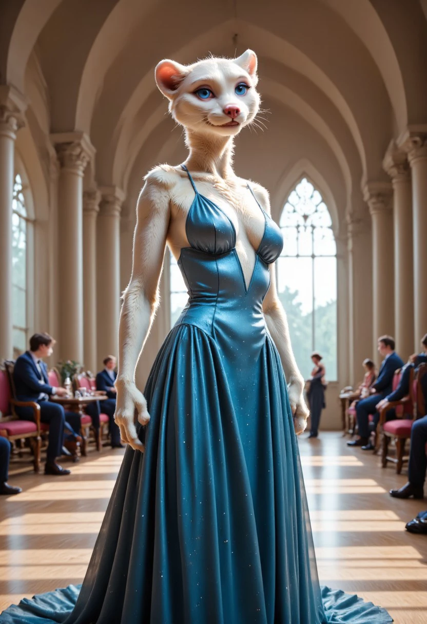 A slender, tall ferret girl is wearing an elegant blue dress. She is beautiful, with body fur and blue eyes. She is in a fancy event hall at a mansion. The picture should be photorealistic, with high attention to detail and very detailed fur.