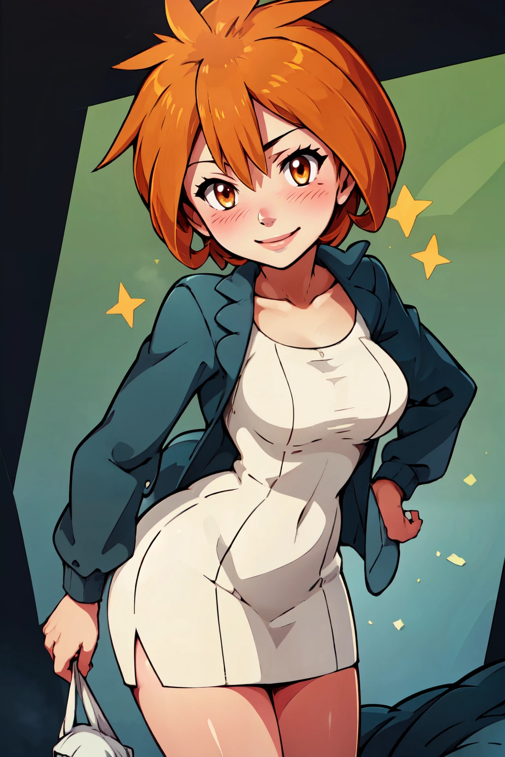 ((masterpiece,best quality)), absurdres,  BREAK, , <lora:Brigette_Pokemon:0.8>, zzBrigette, short hair, orange hair, brown eyes, blue jacket, white dress, , BREAK, leaning forward, head tilt, blush,, BREAK, solo, smile, looking at viewer, cowboy shot,