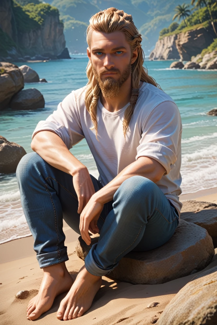 score_9, score_8_up, score_7_up, score_6_up
<lora:ACMEivor:1.0>
ACMEivor, 1boy, blonde hair, long hair, blue eyes, beard, looking at viewer, male model in a white t-shirt, sitting on a beachside rock, jeans rolled up, barefoot, gazing at the horizon, soft sunlight, serene expression