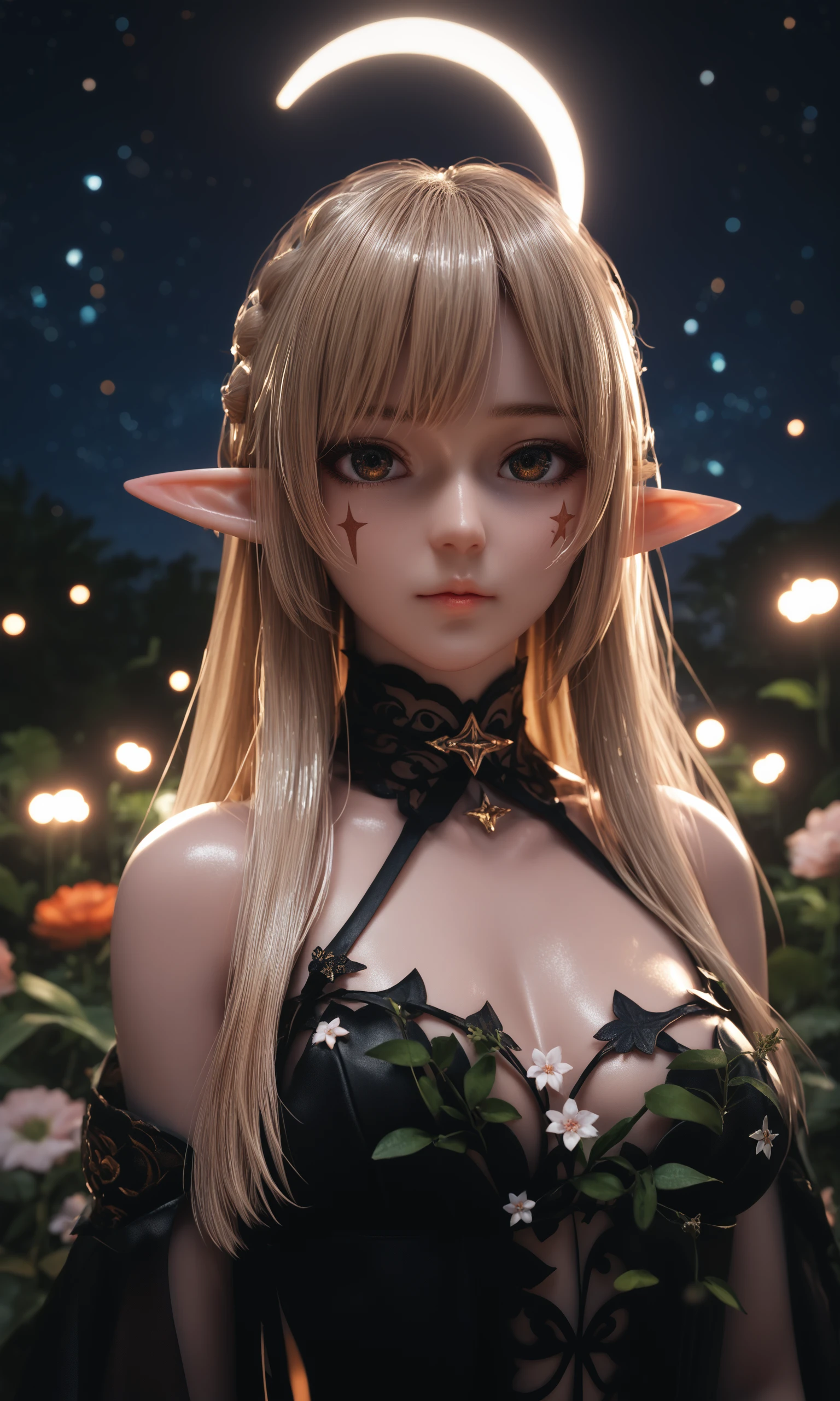 score_9,score_8_up,score_7_up,source_anime,shiny_skin,
Elf,bishoujo,18 year old girl,Solo,best details,Masterpiece,small_breasts,spotlight,dark theme,sfw,flowers,night sky,stars,Looking at viewer,upper_body,starry_background,