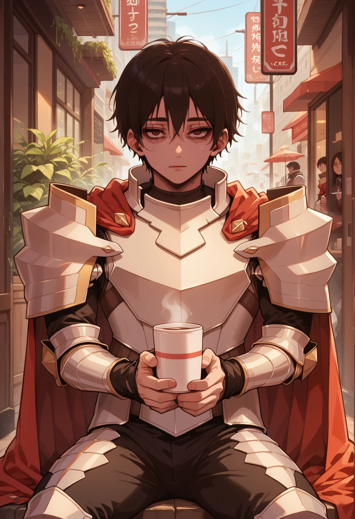 1boy, solo, kim_minsu, bags under eyes, short hair, red cape, armor, shoulder armor, looking at viewer, sitting at cafe, holding a cup <lora:kim_minsu:0.9>, score_9, score_8_up, score_7_up, score_6_up