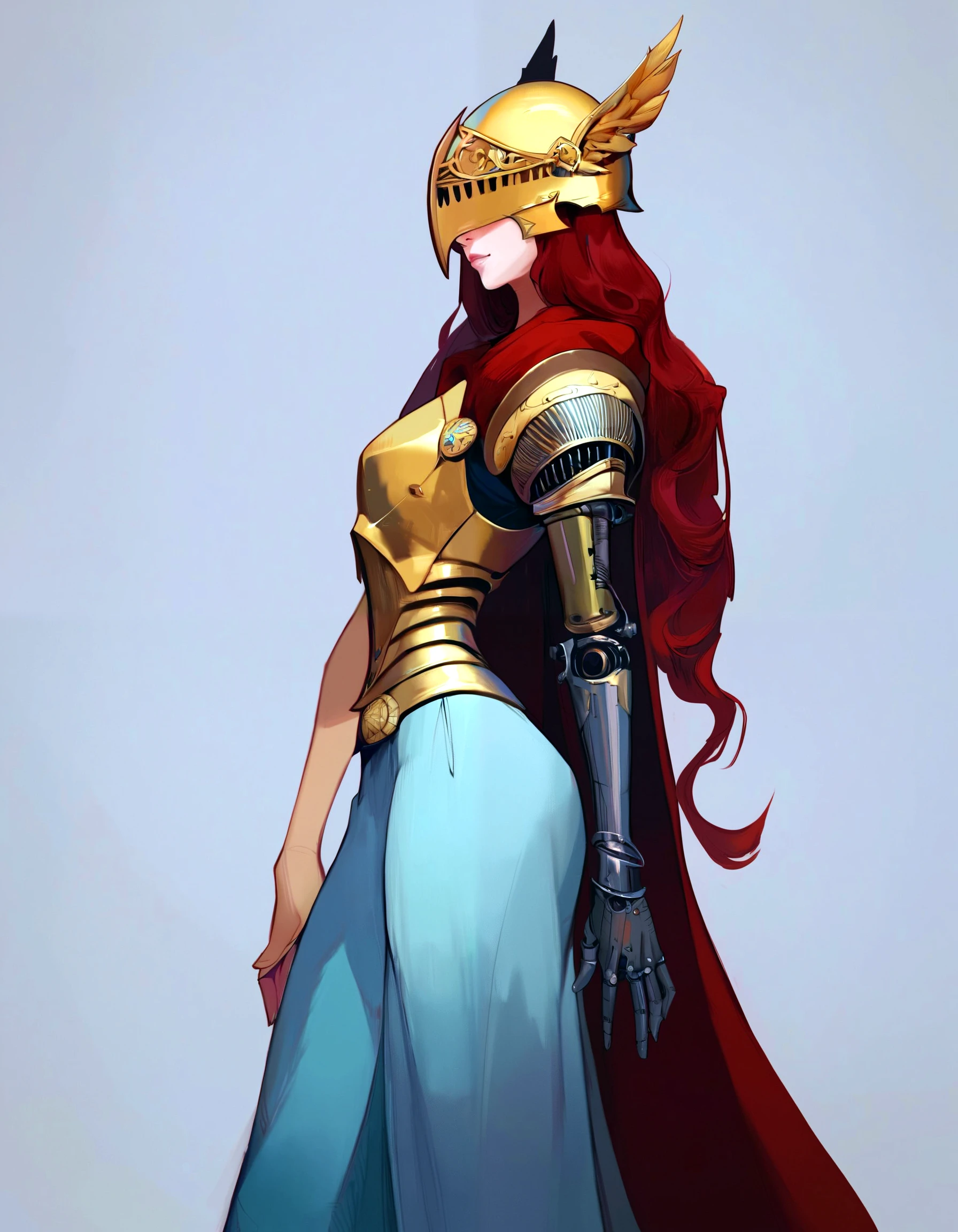 m1ne0h , lnp, 1girl, solo, long hair, simple background, dress, very long hair, closed mouth, weapon, red hair, cape, armor, from side, helmet, red cape, mechanical arms, covered eyes, single mechanical arm, prosthesis, prosthetic arm, winged helmet