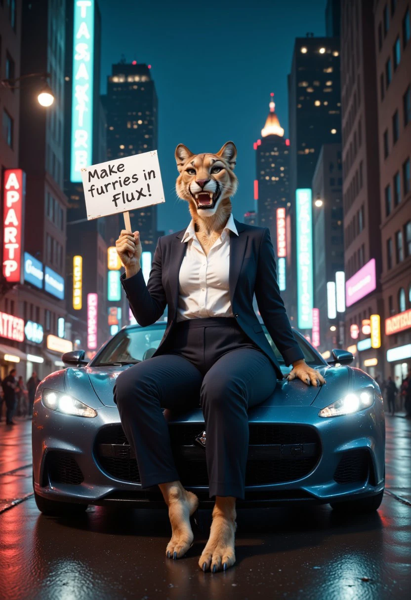 A slender, mature cougar woman with large fangs is sitting on top of a fancy sports car at night in the city. She is wearing professional pants, a white blouse, and a suit jacket, and is carrying a sign that says "Make furries in flux!". Her body is covered in fur. There are skyscrapers and neon signs in the background. The picture should be photorealistic.