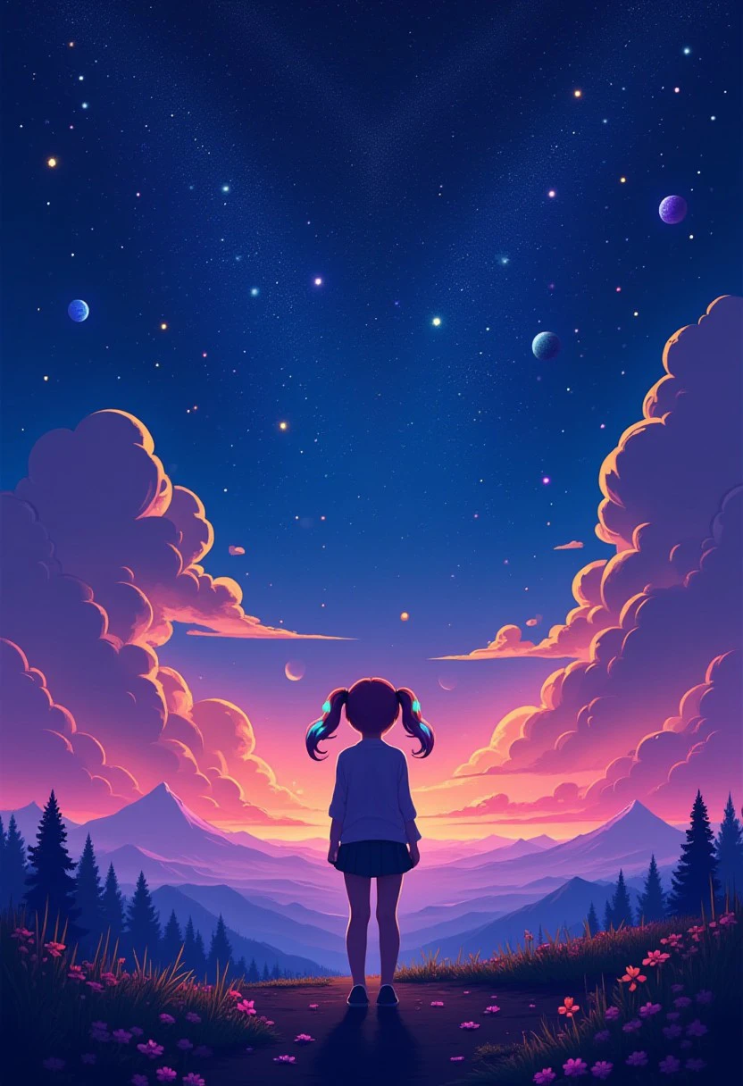 a minimal1st image of 1girl alone under a night sky, with rainbow colored hair in twintails, with a beautiful colorful fantasy background. There colors are all vibrant, but it is in a flat color style.