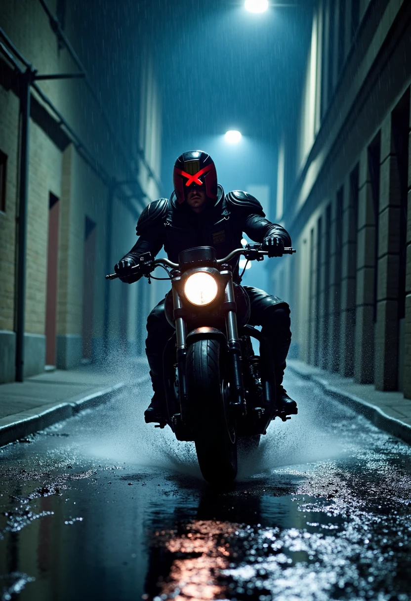 In the dead of night, Judge Dredd is a lone figure riding through the rain-slicked streets on a powerful motorcycle. The dark armor of his suit blends seamlessly with the shadows, while the red visor of his helmet cuts through the gloom like a sinister beacon. The bike, a heavy, roaring machine, tears through the narrow, deserted alleys, its tires spitting up water from the puddles that litter the cracked pavement. The rider’s posture is tense and focused, every movement calculated as he navigates the urban labyrinth with lethal precision.

The photograph captures the scene with a dynamic, cinematic style. The camera angle is low, emphasizing the size and power of the motorcycle as it barrels through the alley, the blurred background creating a sense of speed and urgency. The lighting is stark, with the harsh red glow from the rider’s visor contrasting against the cool blues and blacks of the night, highlighting the rain as it streaks across the scene. Reflections from the wet streets add depth and texture, while the sharp focus on the rider and his bike ensures they remain the dominant force within the frame. The composition, tight and centered, encapsulates the relentless drive and unstoppable nature of the lawman on his midnight patrol.