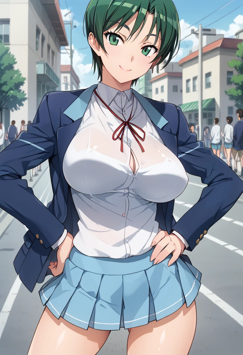 score_9, score_8_up, score_7_up, score_6_up, score_5_up, score_4_up, masterpiece, best quality, BREAK, 
1girl, outdoors, street,<lora:Momokino_Yuu_Triage_X:1> momokino, large breasts, short hair, green hair, school uniform, skirt, hand on hip, legs apart, smile, thigh,