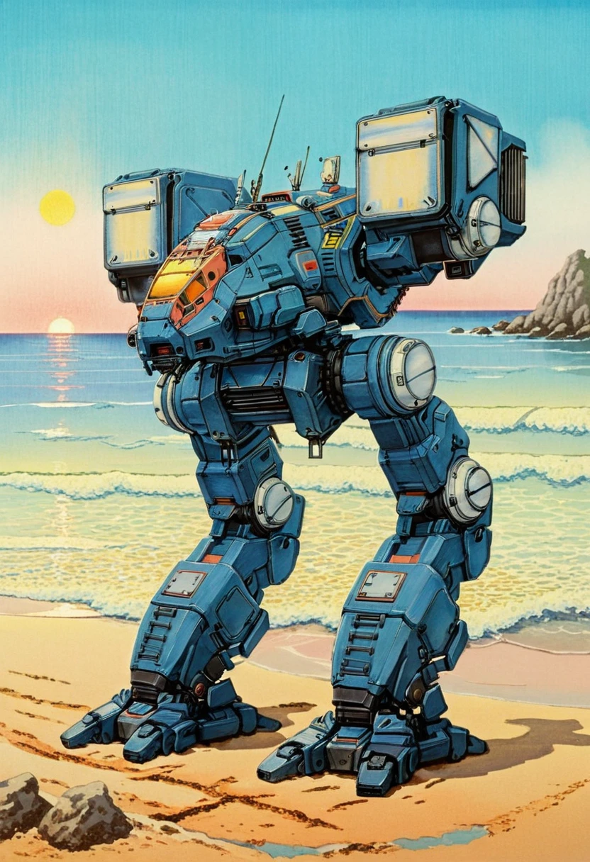 7-catapult standing over beach, sunset gradient, pastel colours, mecha, robot, mssiles, painting, anime, retro art style, sun, japanese magazine cover  [bright colour, elegant artwork, high quality photo, 4k, hd, 7-etherealprints]