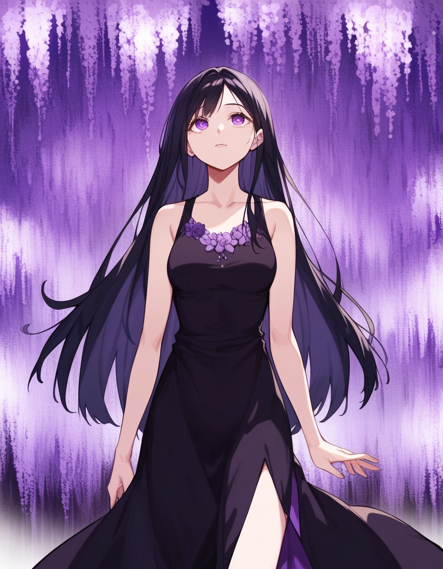 score_9, score_8_up, score_7_up, souce_anime, BREAK masterpiece, best quality, very aesthetic, absurdres, 1girl, girl standing and looking up, cowboy shot, black dress, silk dress, long black hair, sleeveless, perfect eyes, <lora:ashikaga_flower_park_ponyDiffusionV6XL_v6_Lion_3000_v1.02:1>, purple fuji flower, illuminated,