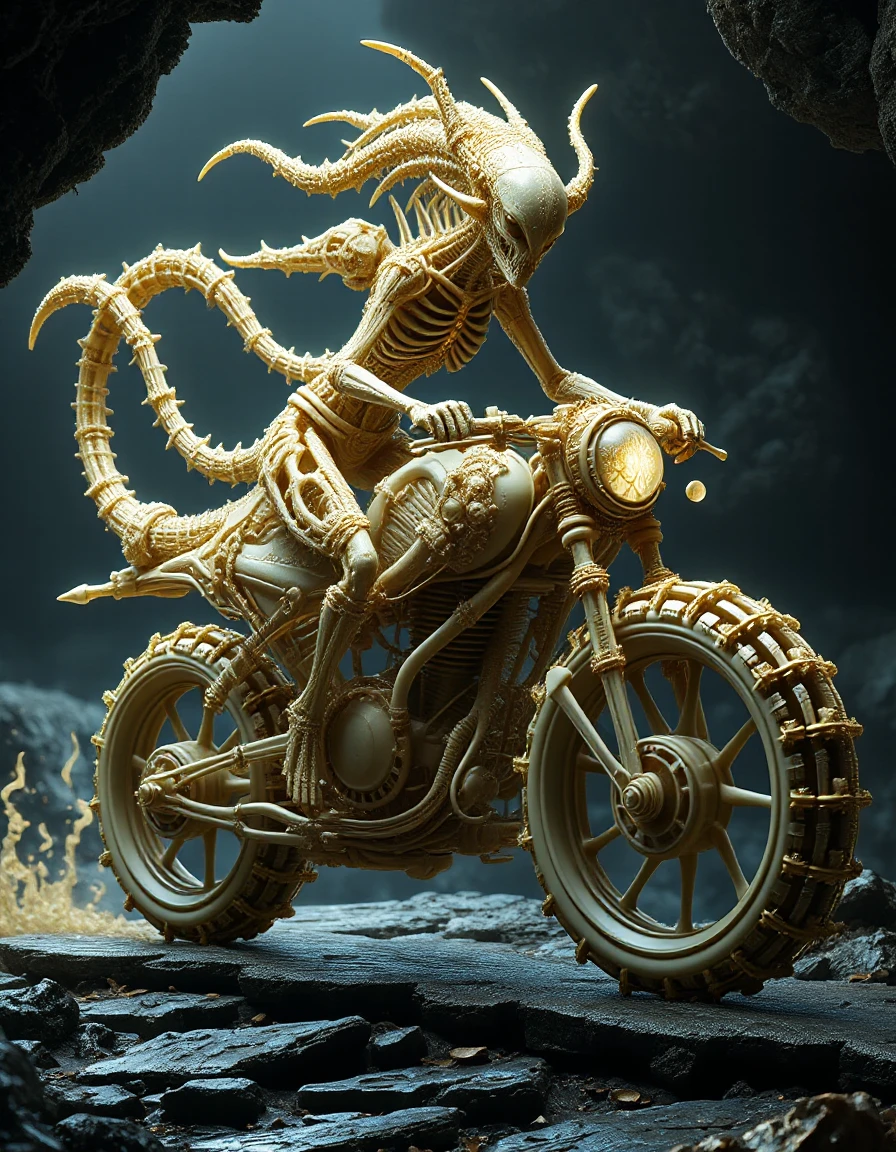 mind bending,  concept art of  translucent moss elemental inspired by chrysalis fiber optics, thorny glow-armor, queen of the underground riding menacingly on a mechanical xenomorph-motorcycle with large wheels in a dark cavern, inner glow,  one with the environment, extreme split rider, windy
 <lora:Bones_by_Dever_Flux_-_EXP:1.5>