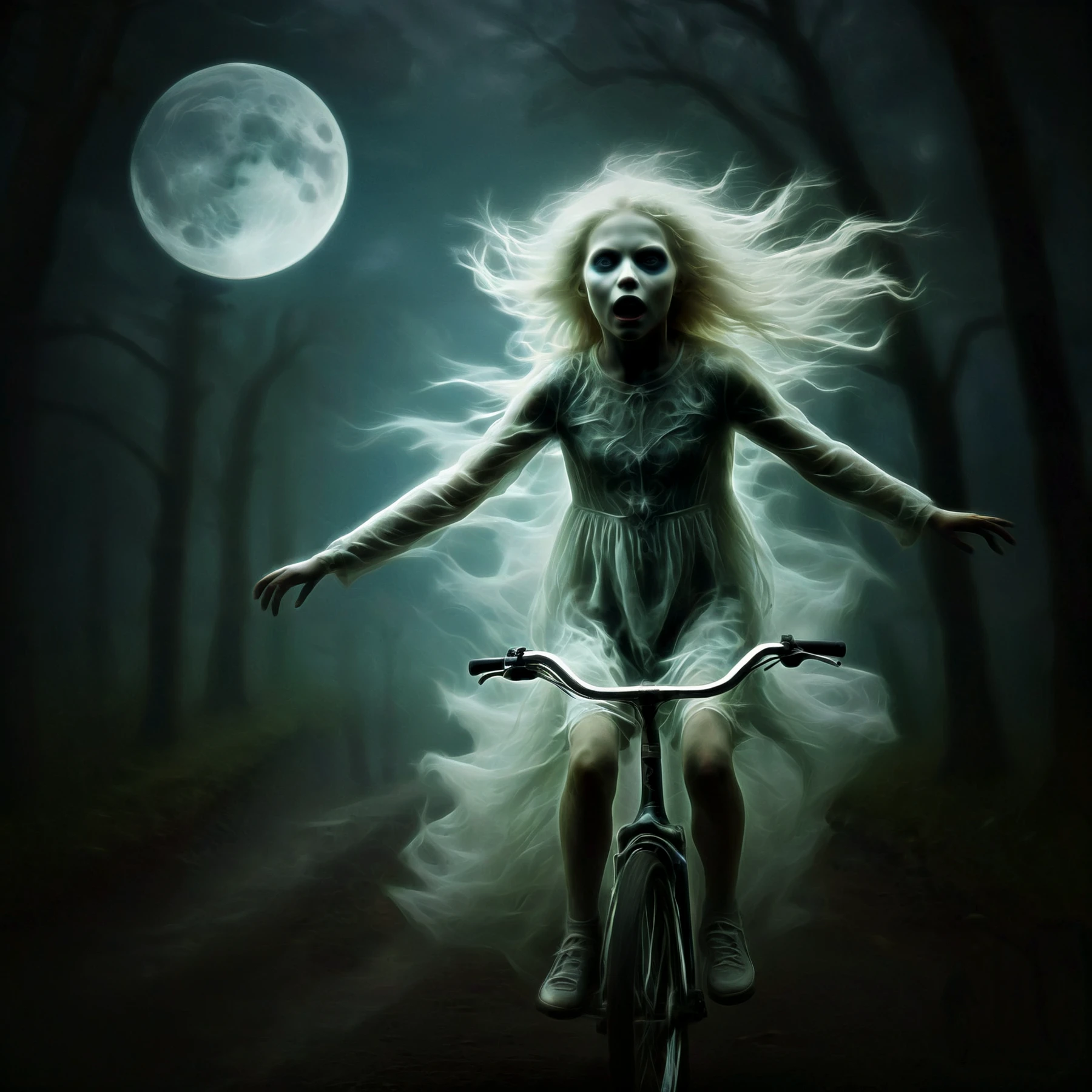 (Cartoon style:1.95).

An insane banshee child, riding a bicycle with frantic fury.

Dark of night, spectral, glowing, ghostly. Moon. Blue hues.

<lora:Banshee01-05_CE_SDXL_128:0.9>