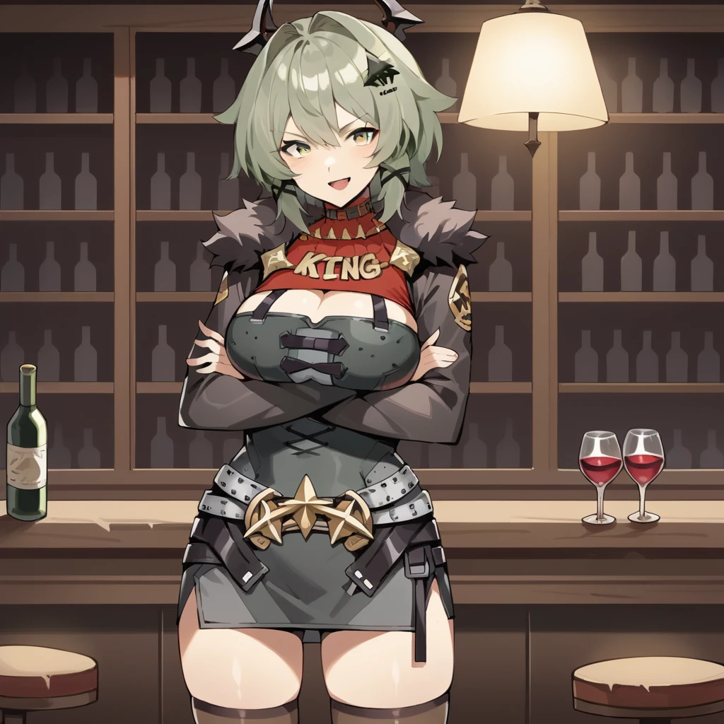 score_9_up, score_8_up, score_7_up, source_anime, masterpiece, best quality, 1girl, solo, Caesar_ZZZ, ceiling light, dimmed light, bar counter, wine shelf, standing, crossed arms, looking at you, slight smile, half opened mouth, green hair, grey hair, medium hair, yellow eyes, hair intakes, bodycon dress, black dress, cropped jacket, black thighhighs, black jacket, hair ornament, horns, corset, cleavage cutout, hair clip, belt, star (symbol), fur trim, fur-trimmed jacket, red shirt, turtlneck, red collar, gold necklace, bike shorts, miniskirt, side slit, mature body, dynamic cowboy shot, indoors, night bar background