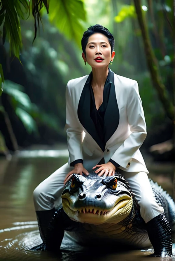 <lyco:Renho:1.0>, highly detailed professional 8k raw photography, best hyperrealistic quality backgrounds, volumetric real-time lighting and shadows, open mouth, middle-aged, large collar, wearing  black shirts under the white suit, black short hair, Asian, Woman, (Renho) riding on alligator's back,  in rainforest river, full body