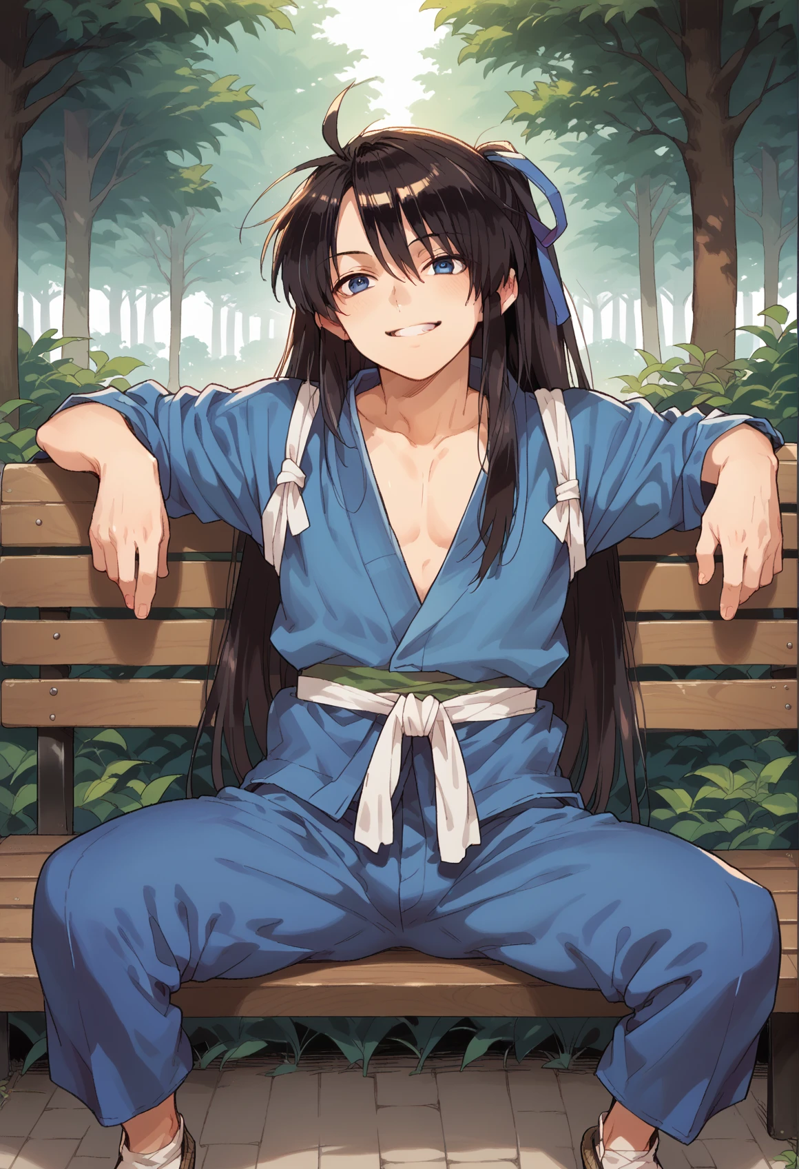 hair ribbon, nasu_no_yoichi, 1boy, japanese clothes, <lora:nasu_no_yoichi:0.9>, smile, sitting on bench, park, spread legs <lora:dayama:1>, score_9, score_8_up, score_7_up, score_6_up